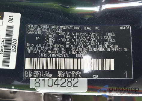 2008 Toyota Tundra Sr5 4.7L V8 z USA, uszkodzony, nr VIN 5TFRT54188X026475